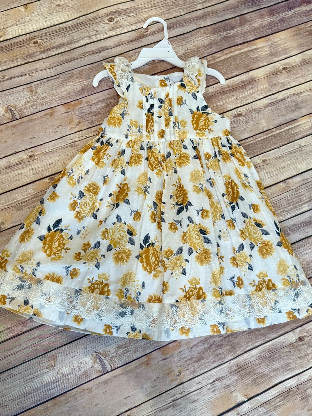 Tahari White Dress with Yellow Floral Print and Lace Trim